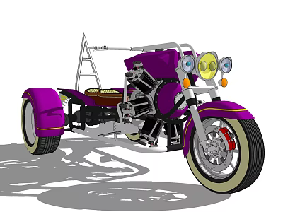 Purple Three Wheeled Custom Motorcycle With Round Headlights Gold Accents And Brown Seat 3d model