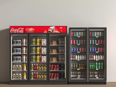 Two Coca-Cola Branded Display Refrigerators Stocked With Various Canned And Bottled Beverages 3d model