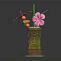 Tropical Drink in Decorative Tiki Mug with Purple Umbrella Pink Flower and Fruit Garnish