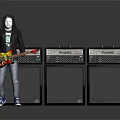 Electric Guitar And Three Black Amplifiers As Professional Music Performance Equipment
