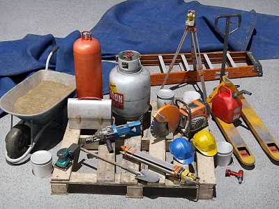 Industrial Equipment And Construction Tools Including Wheelbarrow Gas Cylinders Ladder And Helmets 3d model