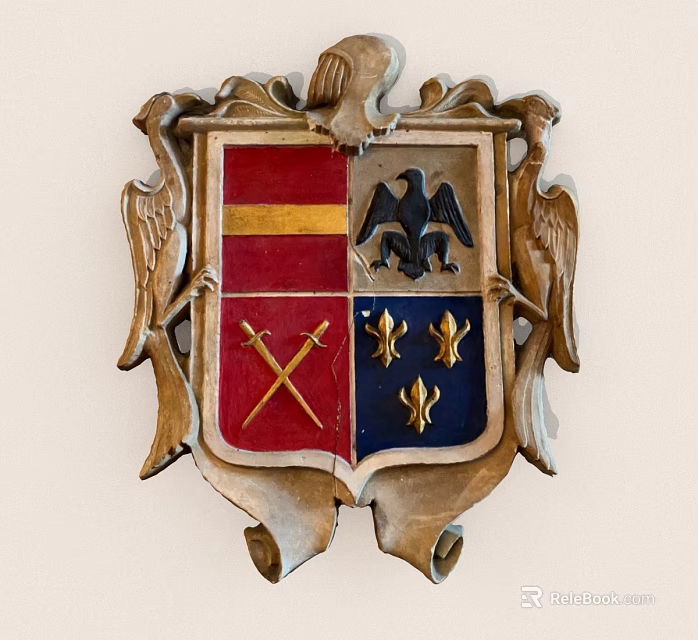 Ornate Heraldic Crest Golden Wings Red Blue Sections Crossed Swords Eagle Fleur De Lis 3d model 