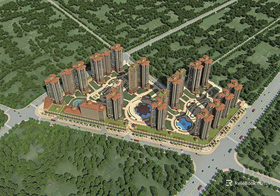 High Rise Residential Complex With Multiple Towers Central Landscaped Areas And Surrounding Greenery 3d model 