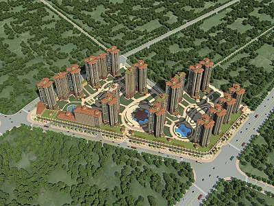 High Rise Residential Complex With Multiple Towers Central Landscaped Areas And Surrounding Greenery 3d model