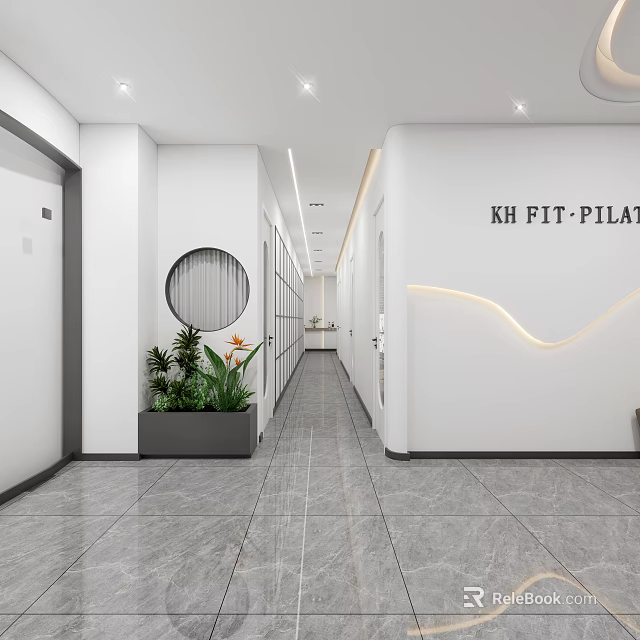 Hotel Lobby Corridor With Modern Design And Greenery 3d model