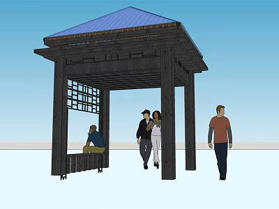 Outdoor Wooden Pavilion With Blue Roof Lattice Windows And People Near Seating 3d model
