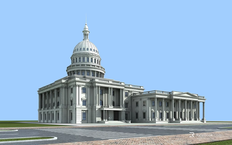 Classical Style Sales Office Building With Dome Columns White Exterior And Symmetrical Design Plaza 3d model 