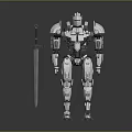 Silver Armored Robot Design Standing With Long Sword And Mechanical Parts