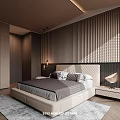Modern Bedroom Interior With Wooden Slat Wall White Bed Frame Brown Bedding And Window Blinds
