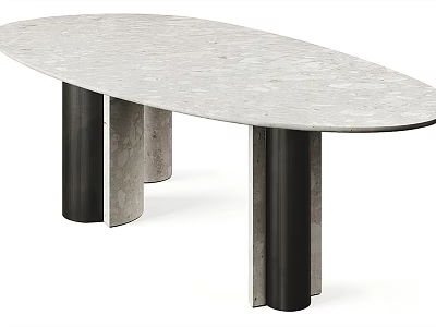 Oval Modern Dining Table With Light Gray Stone Top And Black Metal Legs 3d model
