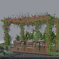 Wooden Pergola Covered With Purple Vines And Flowers Featuring Table Chairs And Green Plants