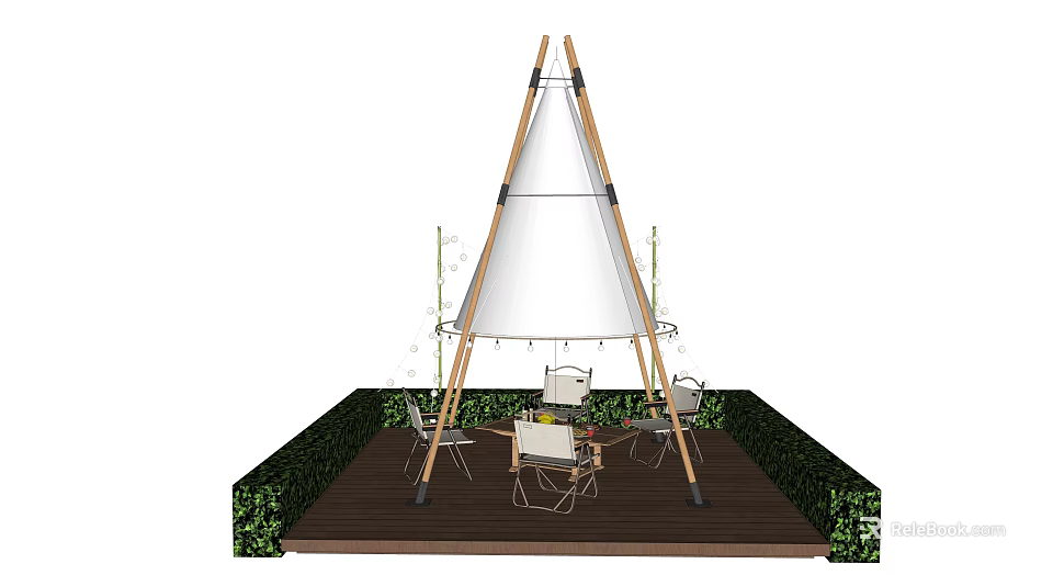 Teepee Style Outdoor Tent Setup On Wooden Deck With Hedges And Seating 3d model 