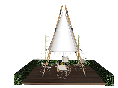 Teepee Style Outdoor Tent Setup On Wooden Deck With Hedges And Seating 3d model