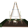 Teepee Style Outdoor Tent Setup On Wooden Deck With Hedges And Seating