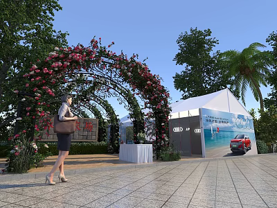 Building Exterior Wall With White Tent Car Advertisement Rose Arch Trees And Pedestrian 3d model