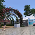 Building Exterior Wall With White Tent Car Advertisement Rose Arch Trees And Pedestrian