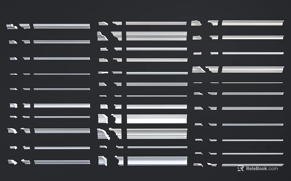 Collection of White Ceiling Moldings with Various Designs on Black Background 3d model 