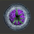 Purple Swirly Patterned Fruit With Green Leaves On Stone Pedestal Against Dark Background