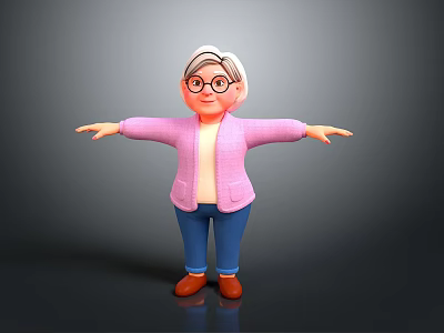 Cartoon Elderly Woman Character With Pink Jacket Blue Pants Brown Shoes And Glasses 3d model