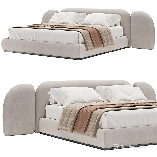 Modern Double Bed With Curved Headboard Light Gray Frame And White Bedding 3d model 