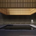 Dark Colored Building Facade With Golden Grille Windows Trees Water Pool Person And Reflection