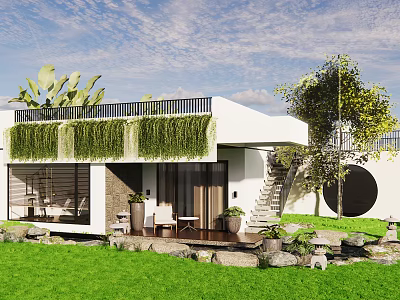 Modern Detached Villa White Exterior Green Roof Vines Large Windows Lawn And Stone Water Feature 3d model