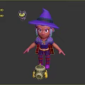 Witch Character with Purple Hat and Black Cat in Blue Outfit and Red Striped Socks