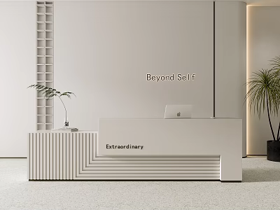Modern Minimalist Reception Desk With White Geometric Lines Green Plants And Beyond Self Wall Art 3d model