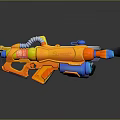 Toy Water Guns Yellow And Orange With Blue Components On Black Background Reflective Surface Design