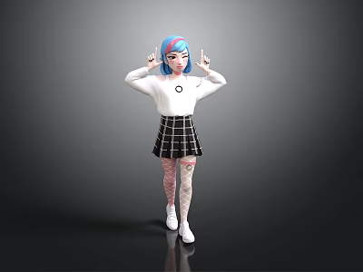 Stylish Character With Blue Pink Gradient Hair White Top Black Plaid Skirt Pink Striped Tights 3d model