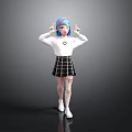 Stylish Character With Blue Pink Gradient Hair White Top Black Plaid Skirt Pink Striped Tights