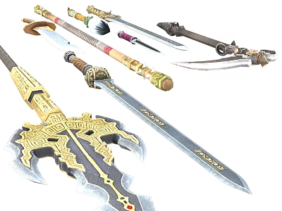 Ancient Decorative Weapons Collection Including Swords Axes Daggers With Intricate Golden Details 3d model