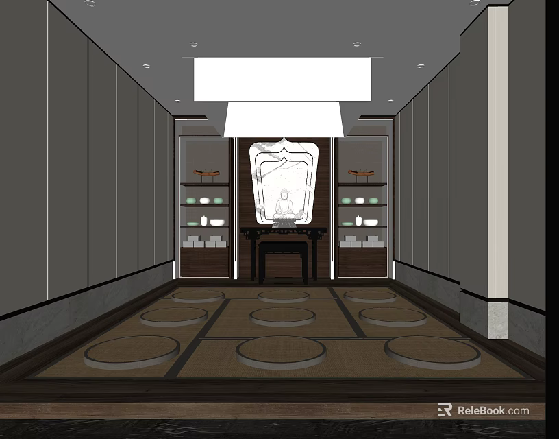 Serene Religious Worship Space Interior With Central Buddha Statue Shelves And Prayer Mats 3d model 