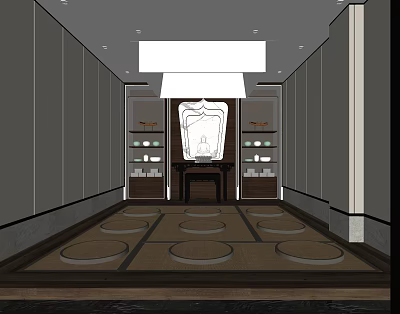 Serene Religious Worship Space Interior With Central Buddha Statue Shelves And Prayer Mats 3d model