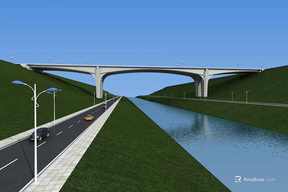 Modern Arch Bridge Over River With Road Green Grass And Street Lamps 3d model 