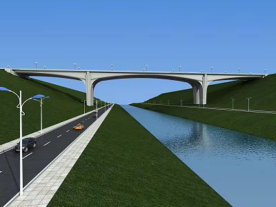 Modern Arch Bridge Over River With Road Green Grass And Street Lamps 3d model