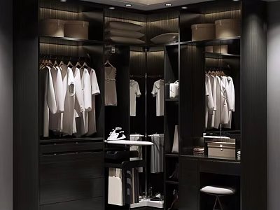 Luxurious Modern Wardrobe Interior With Hanging Clothes Drawers Mirror And Storage Boxes 3d model