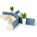 Modern Public Chairs With Curved Design Blue And Beige Upholstery Potted Plants And Small Tables