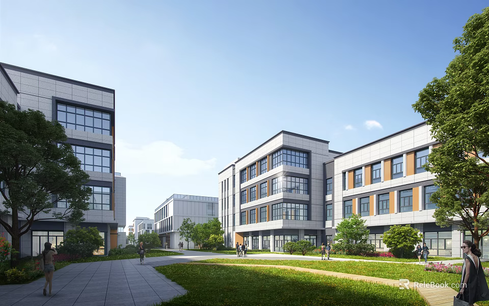 Modern Industrial Park With Multi Story Buildings Greenery And Open Courtyard 3d model 