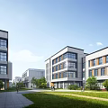 Modern Industrial Park With Multi Story Buildings Greenery And Open Courtyard