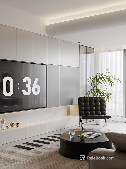 Modern Living and Dining Room Interior with Wall Mounted TV Leather Armchair and Green Plant 3d model 