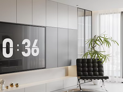 Modern Living and Dining Room Interior with Wall Mounted TV Leather Armchair and Green Plant 3d model
