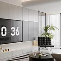 Modern Living and Dining Room Interior with Wall Mounted TV Leather Armchair and Green Plant