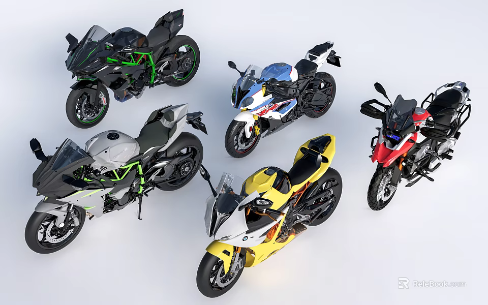 Five Stylish Motorcycles in Different Colors and Various Styles on White Background 3d model 