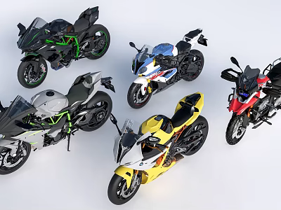 Five Stylish Motorcycles in Different Colors and Various Styles on White Background 3d model