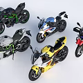 Five Stylish Motorcycles in Different Colors and Various Styles on White Background