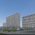 Vibrant Modern Commercial Street With Tall Buildings Plaza Vehicles Pedestrians And Greenery