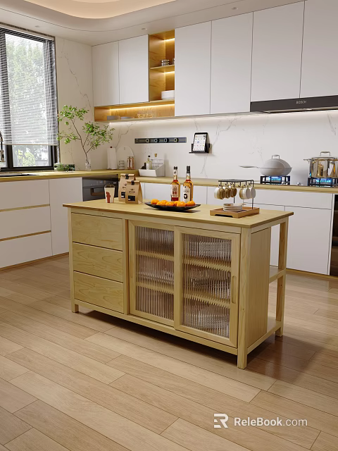 Modern Kitchen Wooden Sideboard With Drawers Glass Doors Fruit Tray Wine Bottles And Glass Holder 3d model 