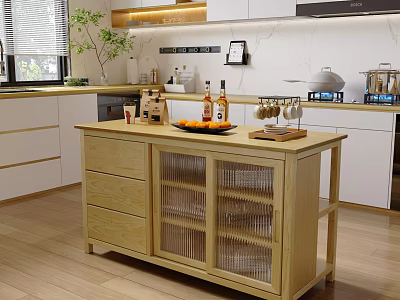 Modern Kitchen Wooden Sideboard With Drawers Glass Doors Fruit Tray Wine Bottles And Glass Holder 3d model