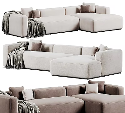 Modern L shaped Sectional Sofa and Coffee Table Set with Beige Brown Fabric Pillows Throw Blanket 3d model